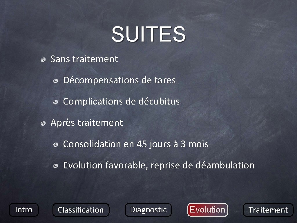 SUITES Sans traitement Décompensations de tares Complications de décubitus Après traitement Consolidation en 45