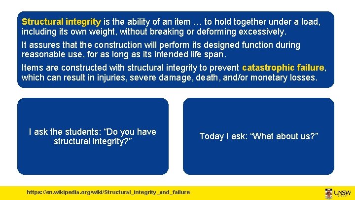 Structural integrity is the ability of an item … to hold together under a