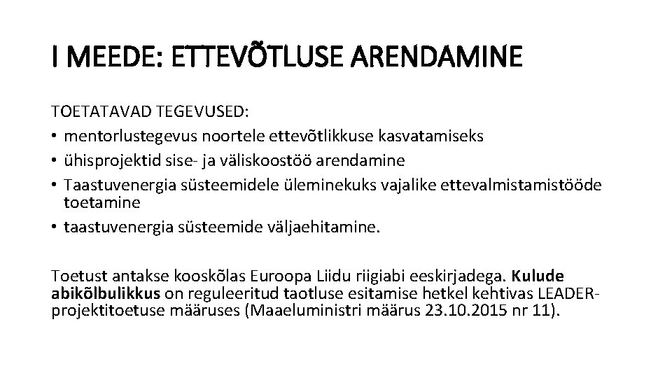 I MEEDE: ETTEVÕTLUSE ARENDAMINE TOETATAVAD TEGEVUSED: • mentorlustegevus noortele ettevõtlikkuse kasvatamiseks • ühisprojektid sise-