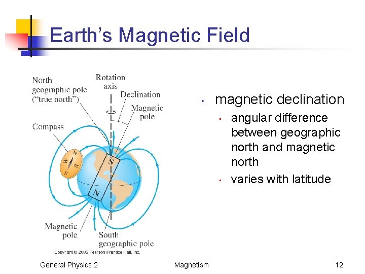 Earth’s Magnetic Field • magnetic declination • • General Physics 2 Magnetism angular difference