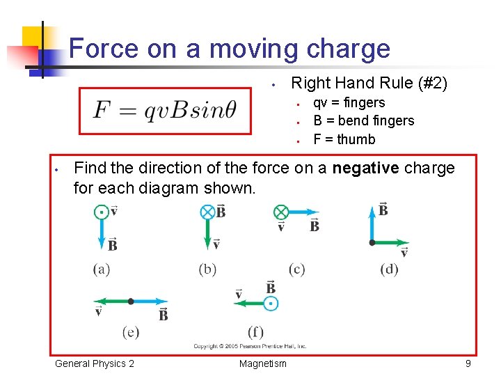 Force on a moving charge • Right Hand Rule (#2) • • qv =