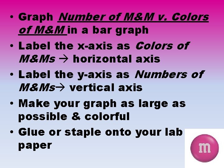  • Graph Number of M&M v. Colors of M&M in a bar graph