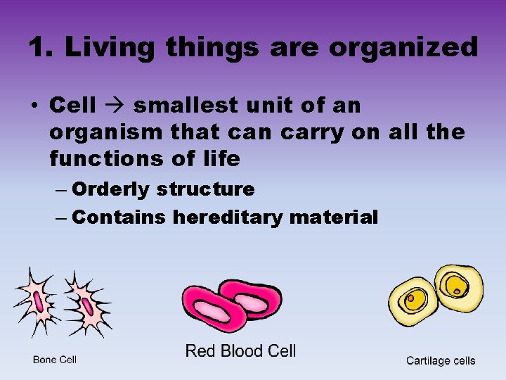 1. Living things are organized • Cell smallest unit of an organism that can