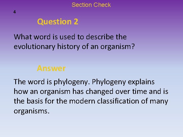 Section Check 4 Question 2 What word is used to describe the evolutionary history