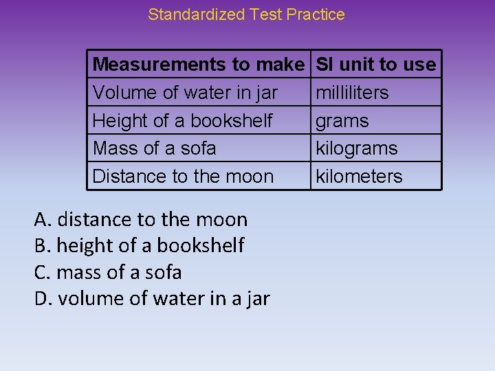 Standardized Test Practice Measurements to make Volume of water in jar Height of a