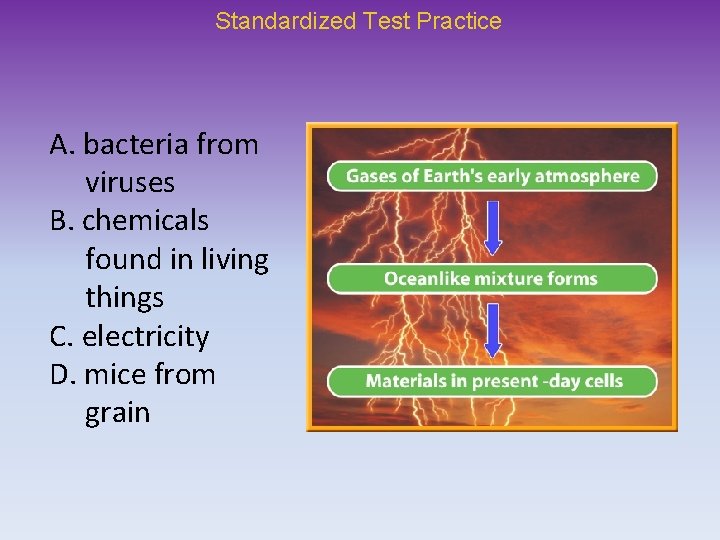 Standardized Test Practice A. bacteria from viruses B. chemicals found in living things C.