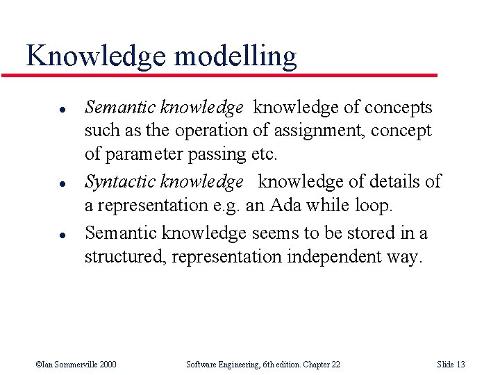 Knowledge modelling l l l Semantic knowledge of concepts such as the operation of