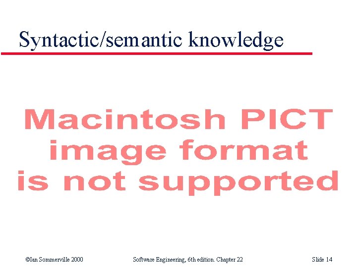 Syntactic/semantic knowledge ©Ian Sommerville 2000 Software Engineering, 6 th edition. Chapter 22 Slide 14