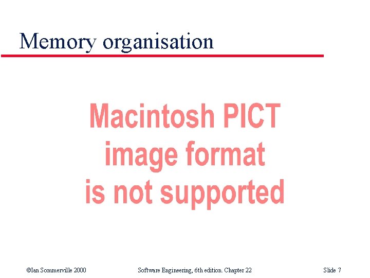 Memory organisation ©Ian Sommerville 2000 Software Engineering, 6 th edition. Chapter 22 Slide 7