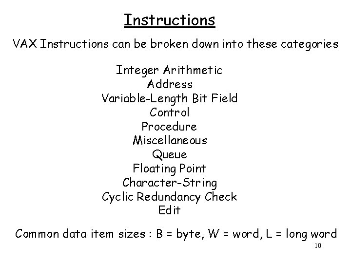 Instructions VAX Instructions can be broken down into these categories Integer Arithmetic Address Variable-Length