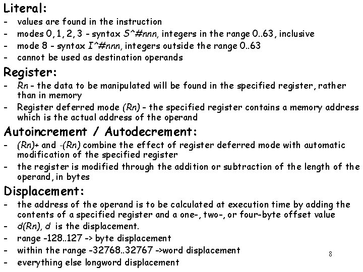 Literal: - values are found in the instruction modes 0, 1, 2, 3 -