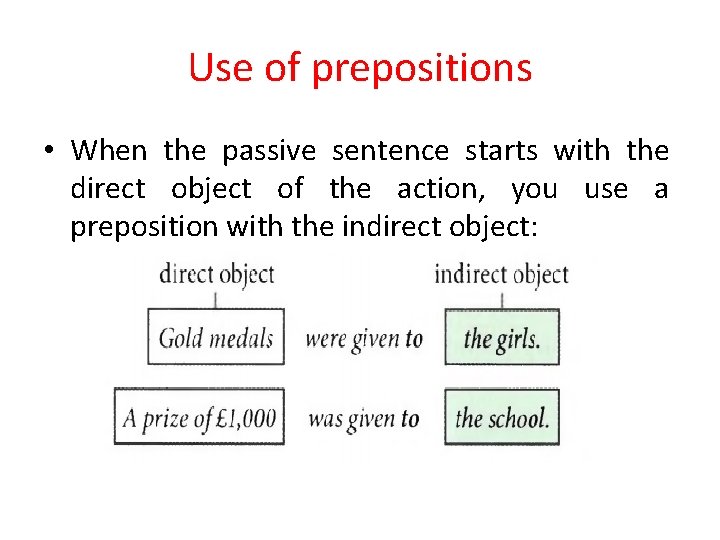 Use of prepositions • When the passive sentence starts with the direct object of