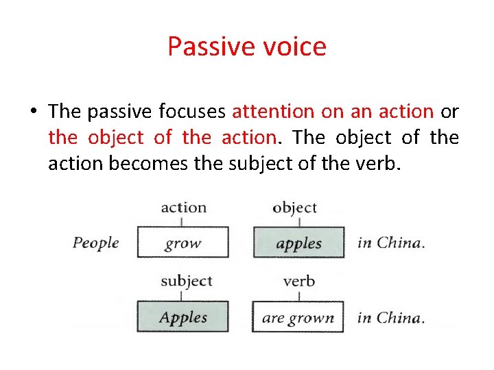 Passive voice • The passive focuses attention on an action or the object of