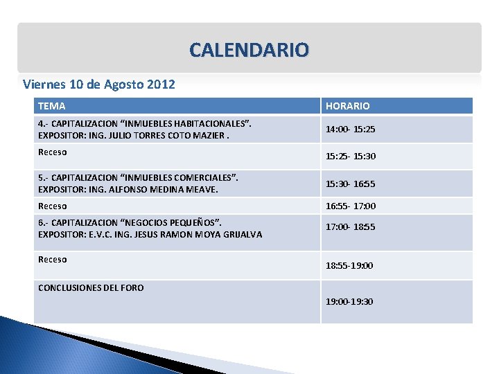 CALENDARIO Viernes 10 de Agosto 2012 TEMA HORARIO 4. - CAPITALIZACION “INMUEBLES HABITACIONALES”. EXPOSITOR: