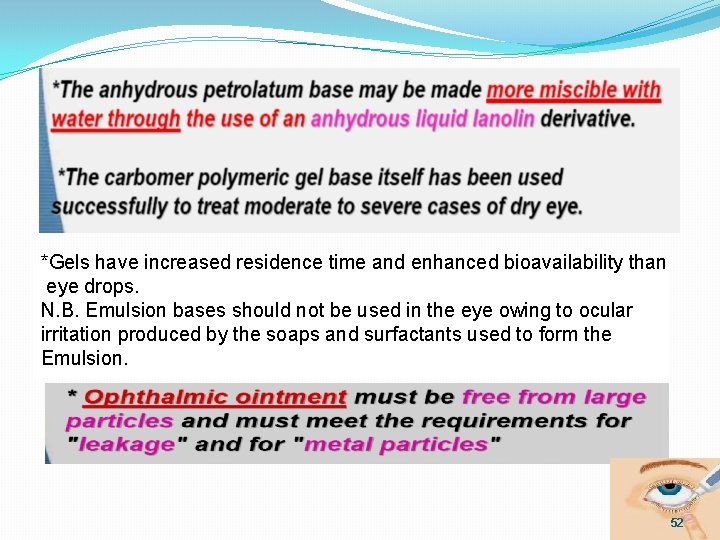 *Gels have increased residence time and enhanced bioavailability than eye drops. N. B. Emulsion