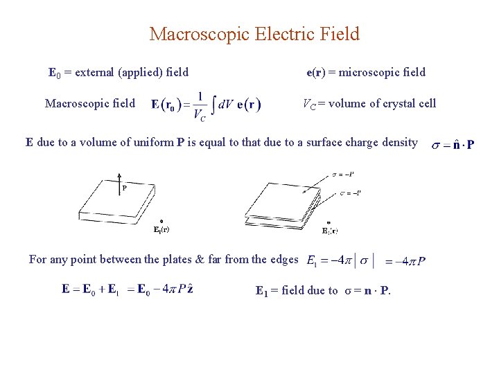 Macroscopic Electric Field E 0 = external (applied) field e(r) = microscopic field Macroscopic