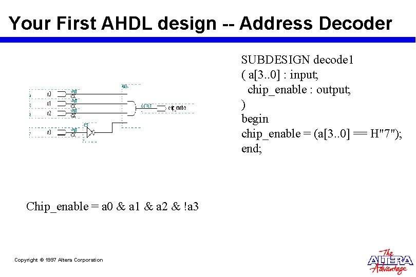 Your First AHDL design -- Address Decoder SUBDESIGN decode 1 ( a[3. . 0]