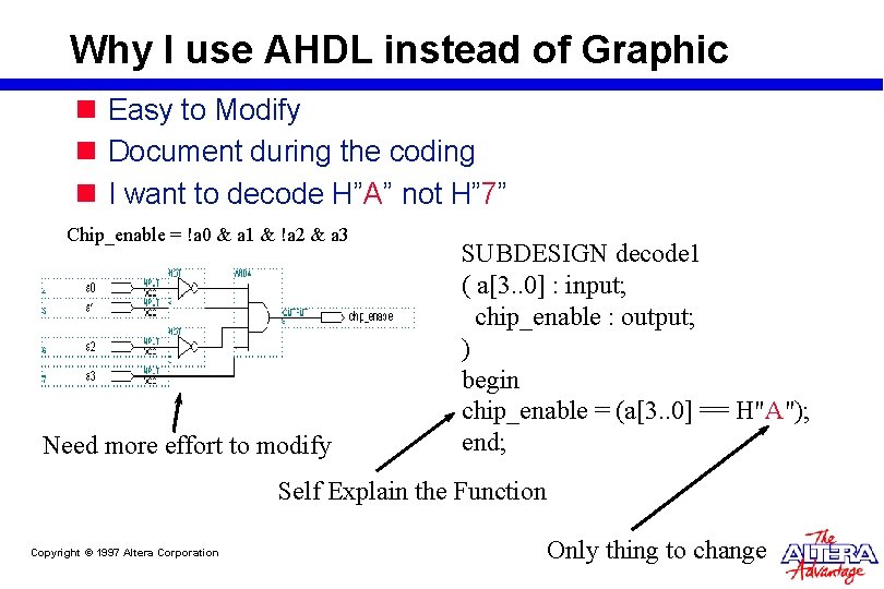 Why I use AHDL instead of Graphic n Easy to Modify n Document during Why I use AHDL instead of Graphic n Easy to Modify n Document during