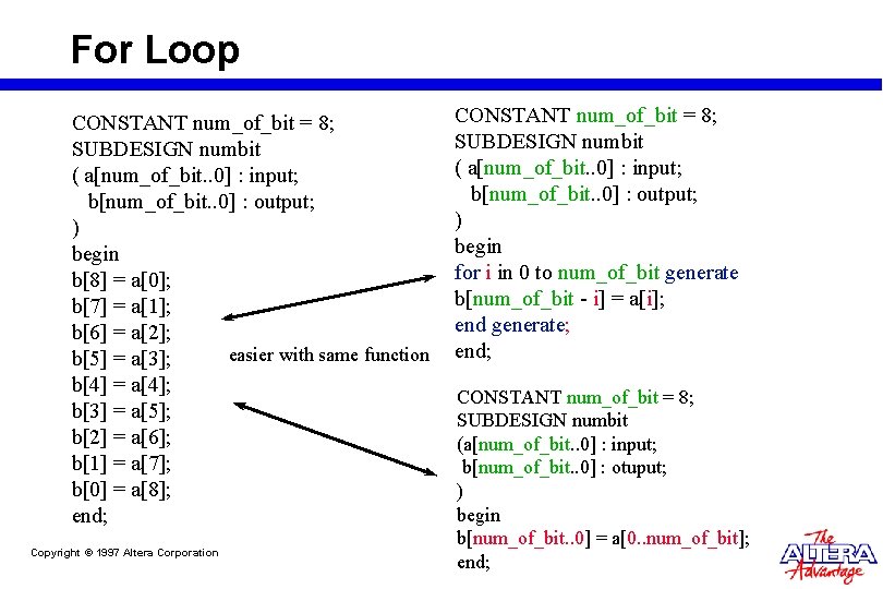For Loop CONSTANT num_of_bit = 8; SUBDESIGN numbit ( a[num_of_bit. . 0] : input;