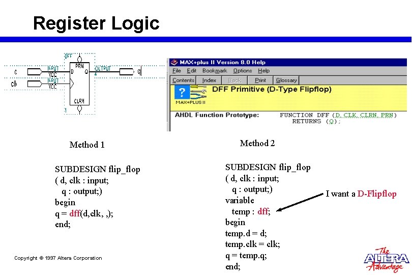 Register Logic Method 1 SUBDESIGN flip_flop ( d, clk : input; q : output; Register Logic Method 1 SUBDESIGN flip_flop ( d, clk : input; q : output;