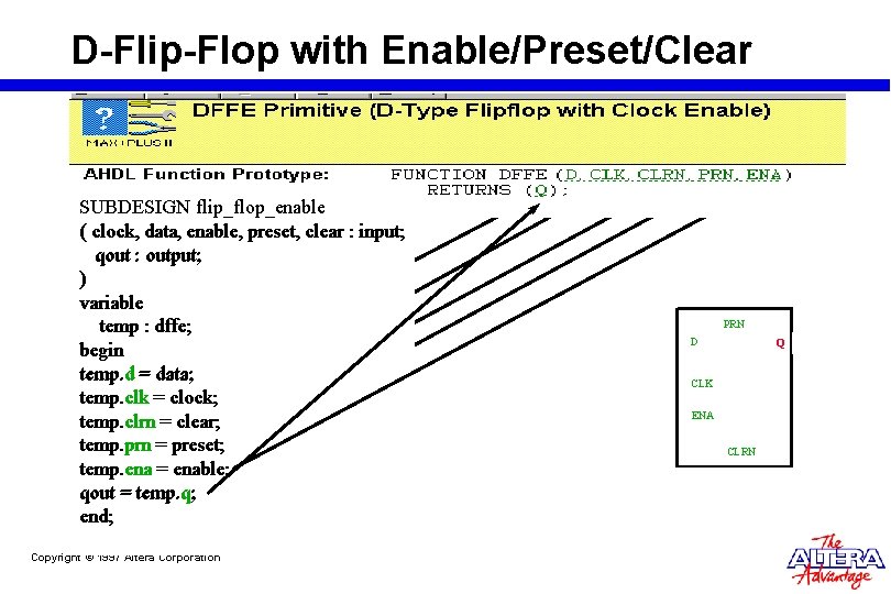 D-Flip-Flop with Enable/Preset/Clear SUBDESIGN flip_flop_enable (( clock, data, enable, preset, clear : : input; D-Flip-Flop with Enable/Preset/Clear SUBDESIGN flip_flop_enable (( clock, data, enable, preset, clear : : input;