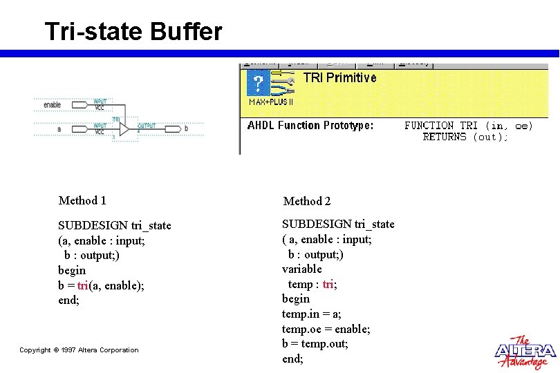 Tri-state Buffer Method 1 Method 2 SUBDESIGN tri_state (a, enable : input; b : Tri-state Buffer Method 1 Method 2 SUBDESIGN tri_state (a, enable : input; b :