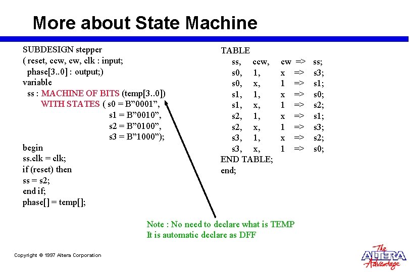 More about State Machine SUBDESIGN stepper ( reset, ccw, clk : input; phase[3. . More about State Machine SUBDESIGN stepper ( reset, ccw, clk : input; phase[3. .