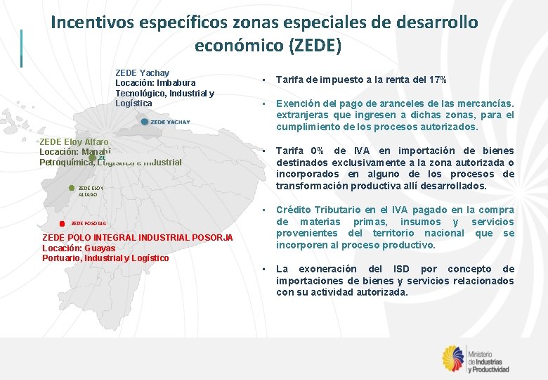 Incentivos específicos zonas especiales de desarrollo económico (ZEDE) ZEDE Yachay Locación: Imbabura Tecnológico, Industrial