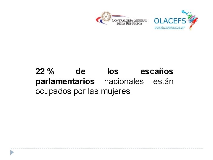 22 % de los escaños parlamentarios nacionales están ocupados por las mujeres. 