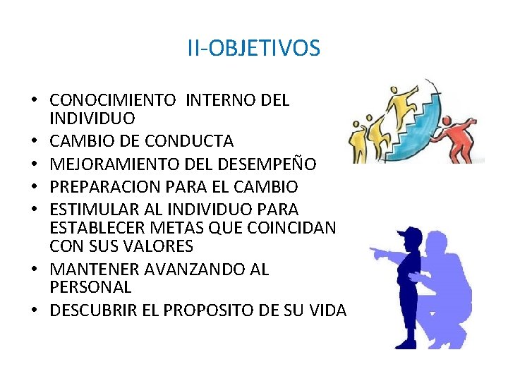 II-OBJETIVOS • CONOCIMIENTO INTERNO DEL INDIVIDUO • CAMBIO DE CONDUCTA • MEJORAMIENTO DEL DESEMPEÑO