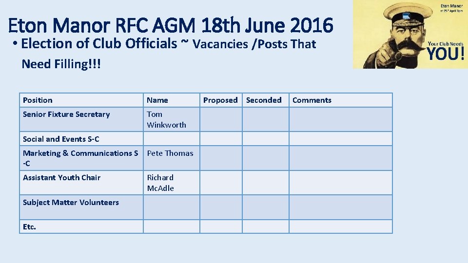 Eton Manor RFC AGM 18 th June 2016 • Election of Club Officials ~