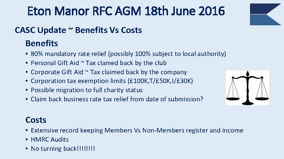 Eton Manor RFC AGM 18 th June 2016 CASC Update ~ Benefits Vs Costs
