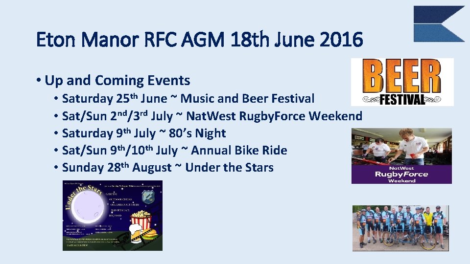 Eton Manor RFC AGM 18 th June 2016 • Up and Coming Events •