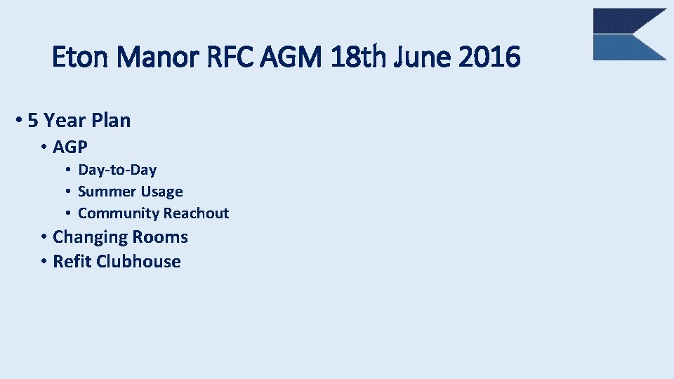 Eton Manor RFC AGM 18 th June 2016 • 5 Year Plan • AGP