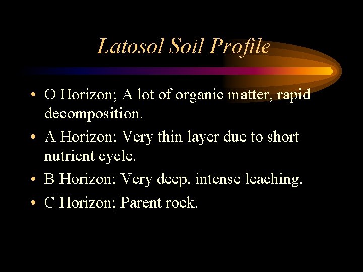 Latosol Soil Profile • O Horizon; A lot of organic matter, rapid decomposition. •