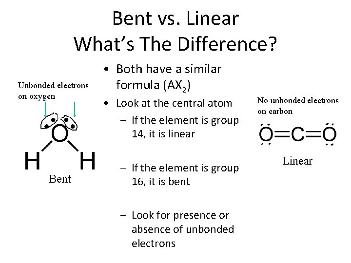 Bent vs. Linear What’s The Difference? Unbonded electrons on oxygen Bent • Both have