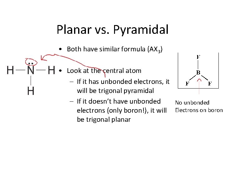 Planar vs. Pyramidal • Both have similar formula (AX 3) • Look at the