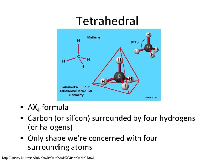 Tetrahedral • AX 4 formula • Carbon (or silicon) surrounded by four hydrogens (or