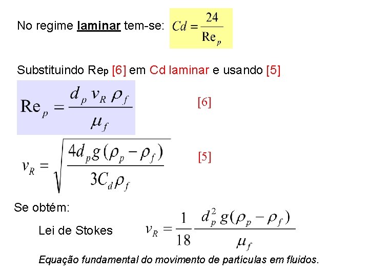 No regime laminar tem-se: Substituindo Rep [6] em Cd laminar e usando [5] [6]