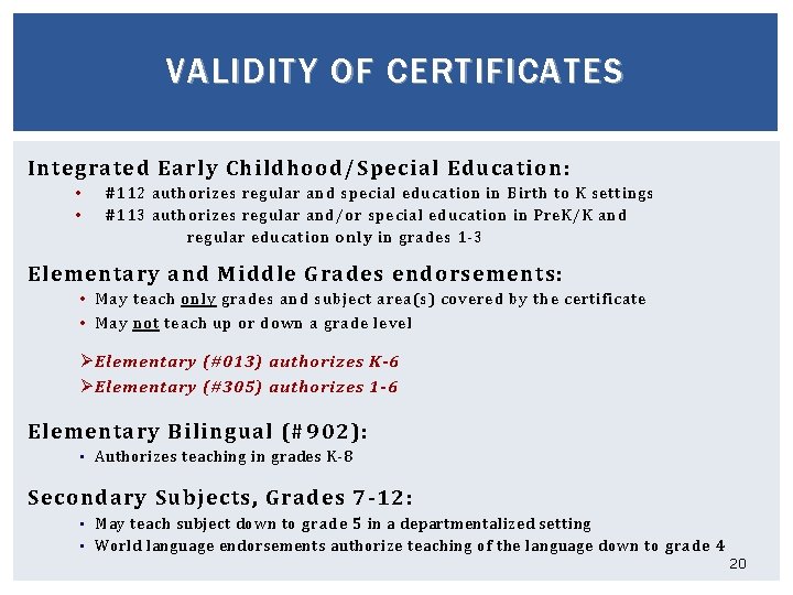 VALIDITY OF CERTIFICATES Integrated Early Childhood/Special Education: • • #112 authorizes regular and special
