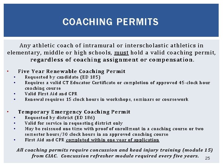 COACHING PERMITS Any athletic coach of intramural or interscholastic athletics in elementary, middle or