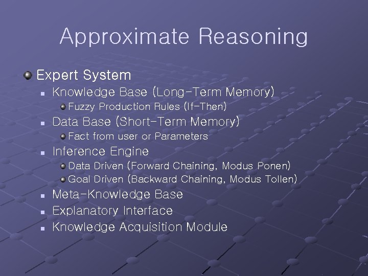 Approximate Reasoning Expert System n Knowledge Base (Long-Term Memory) Fuzzy Production Rules (If-Then) n