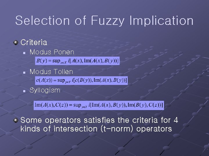 Selection of Fuzzy Implication Criteria n Modus Ponen n Modus Tollen n Syllogism Some