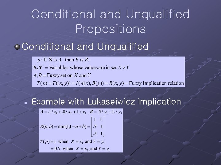 Conditional and Unqualified Propositions Conditional and Unqualified n Example with Lukaseiwicz implication 