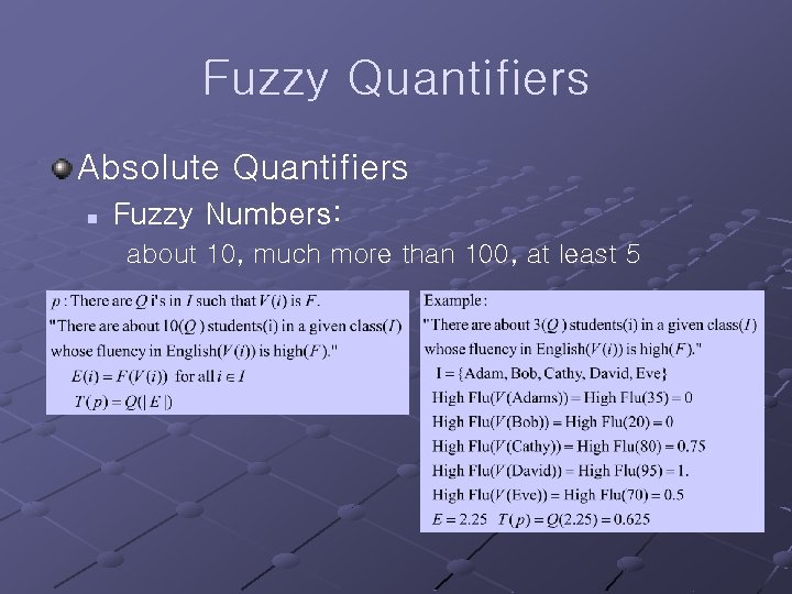 Fuzzy Quantifiers Absolute Quantifiers n Fuzzy Numbers: about 10, much more than 100, at