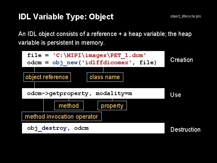 IDL Variable Type: Object object_lifecycle. pro An IDL object consists of a reference +