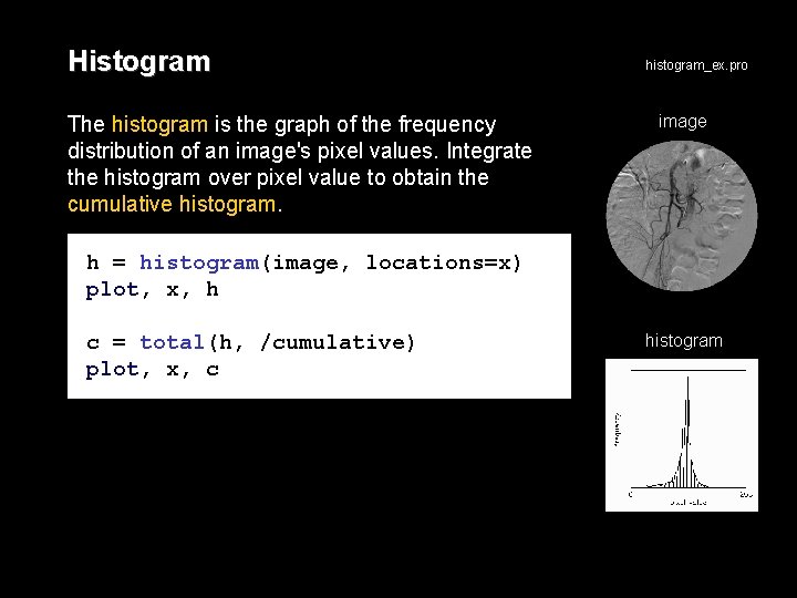 Histogram The histogram is the graph of the frequency distribution of an image's pixel