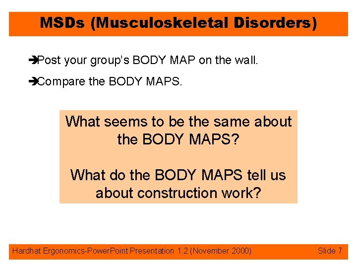 MSDs (Musculoskeletal Disorders) èPost your group’s BODY MAP on the wall. èCompare the BODY