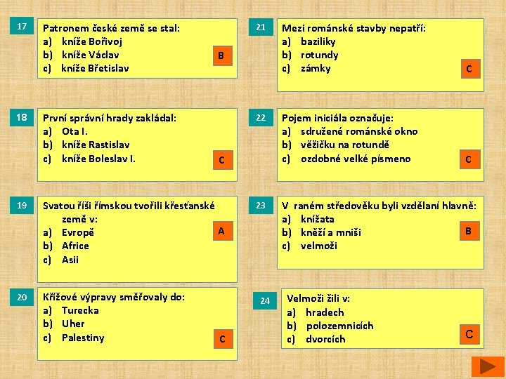 17 18 Patronem české země se stal: a) kníže Bořivoj b) kníže Václav c)