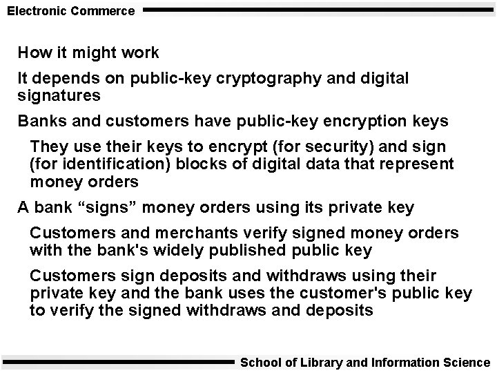 Electronic Commerce How it might work It depends on public-key cryptography and digital signatures